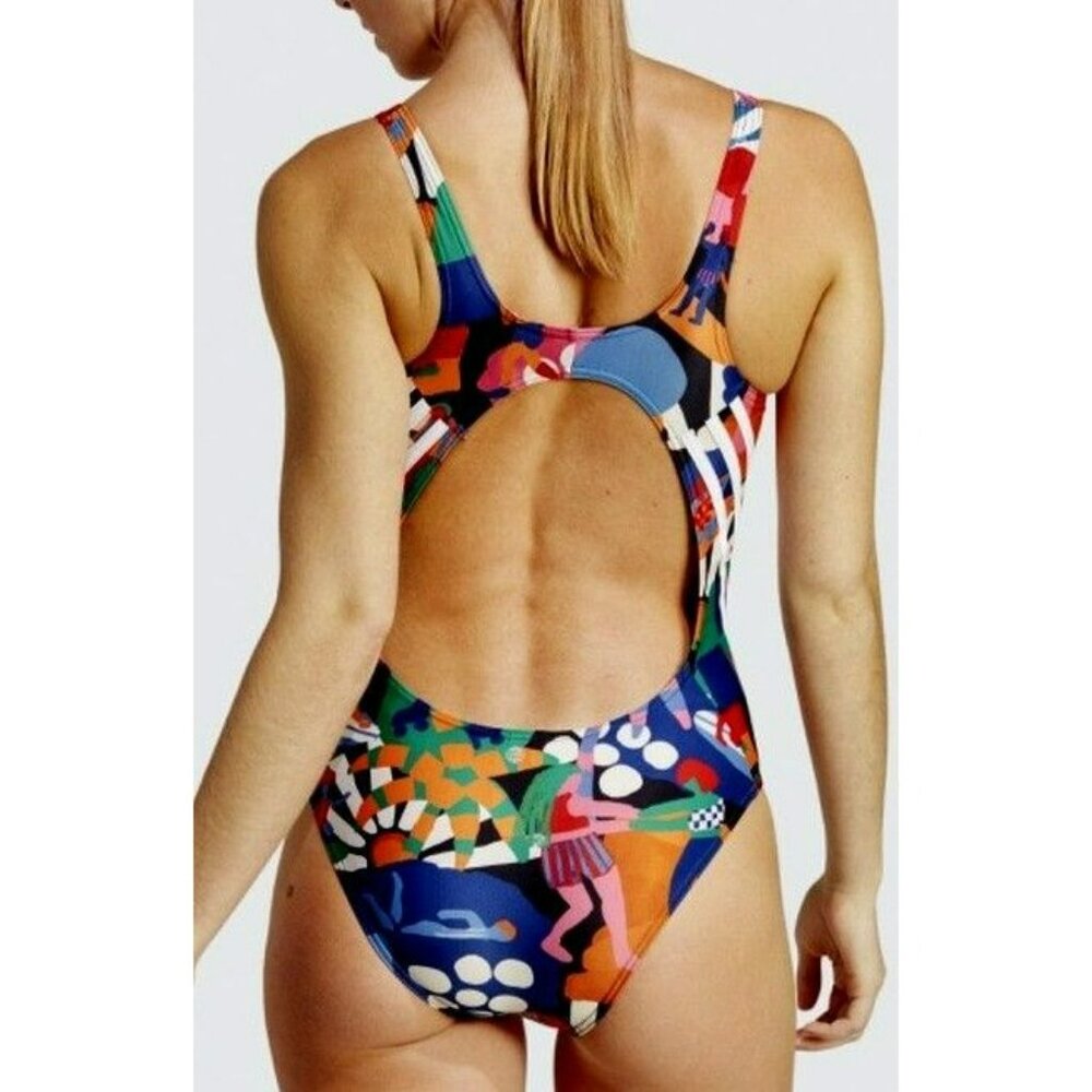 Farm Rio Adidas Multi Tropical Island Party Colorful Graphic Swimsuit Sz14 NEW